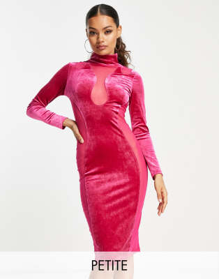 Simmi Clothing Simmi Petite velvet and mesh pannelled midi bodycon dress in pink