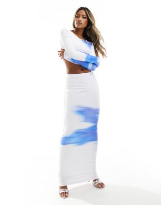 Simmi Clothing Simmi placement print maxi skirt co-ord in white and blue-Multi