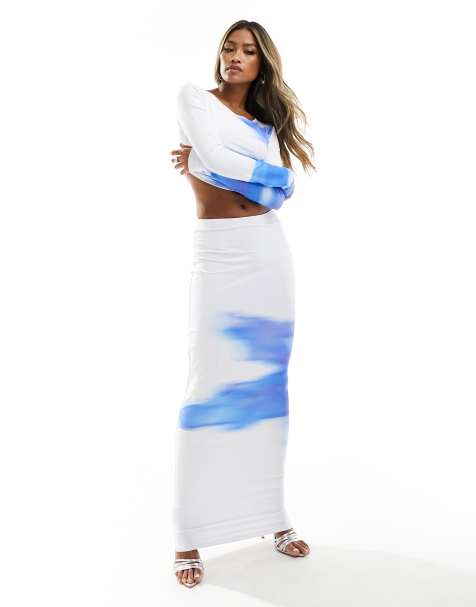 Simmi placement print maxi skirt co-ord in white and blue