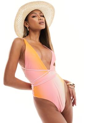 Simmi plunge cross back strappy tie waist swimsuit in pink and orange ombre-Multi