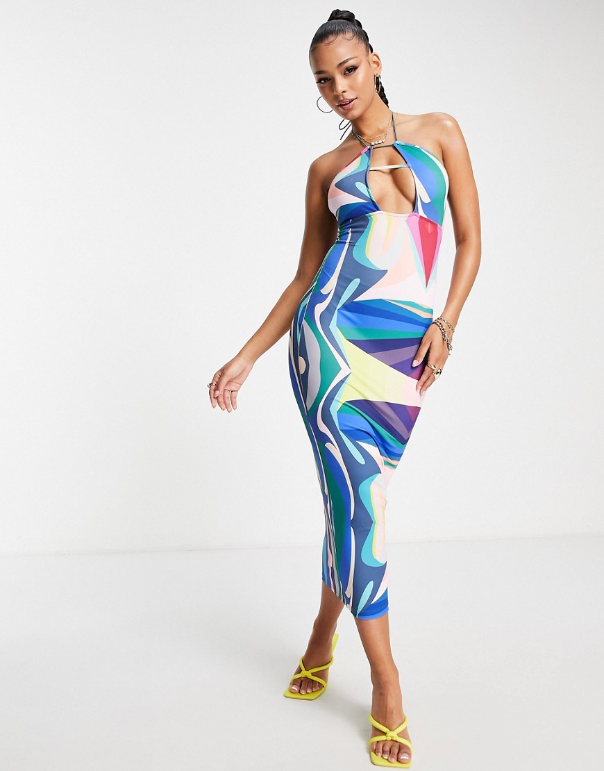 Simmi Clothing Simmi Plunge Front Midaxi Dress In Blue Abstract Print-multi