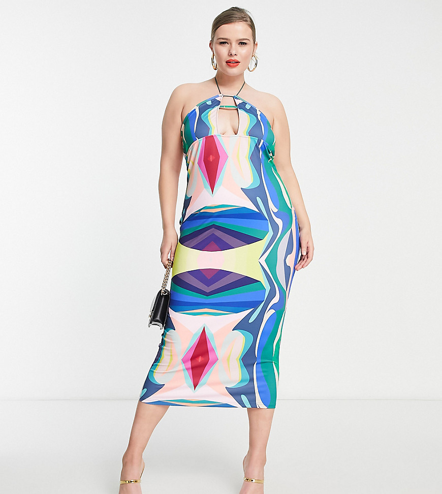 Simmi Plus Clothing plunge front midaxi dress in blue abstract print-Multi
