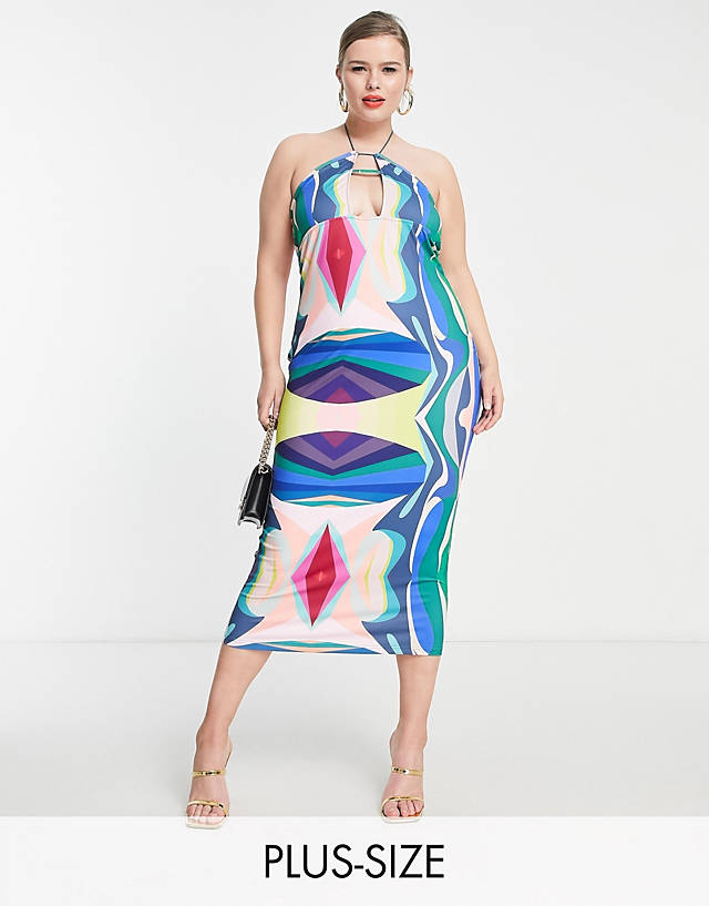 Simmi Plus Clothing plunge front midi dress in blue abstract print