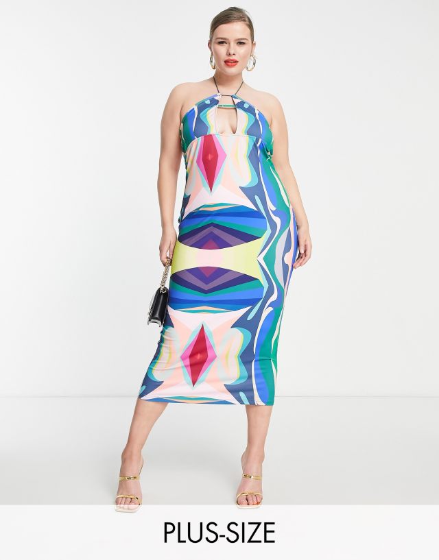 Simmi Plus Clothing plunge front midi dress in blue abstract print