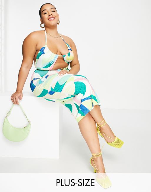 SIMMI Plus - Clothing - Vestito corto fasciante verde multicolore con stampa astratta e cut-out in vita