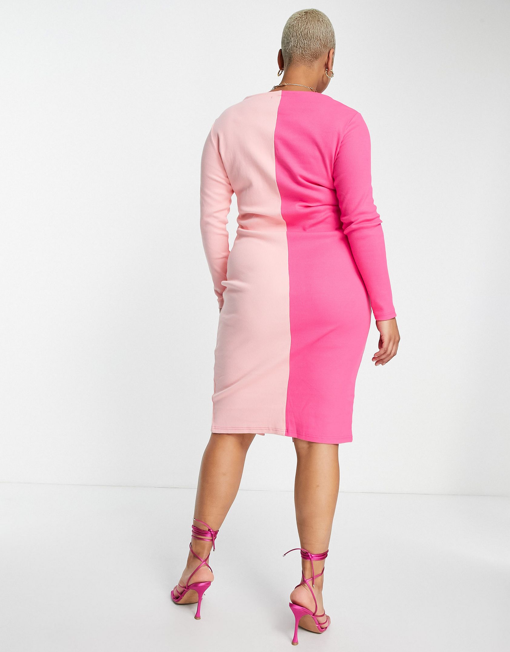 Simmi Plus contrast button through midi bodycon dress in pink -  Price Checker