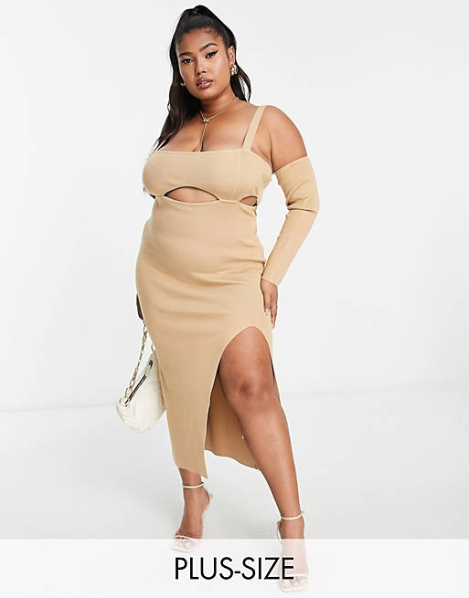 Simmi Plus cut out bust high thigh split midi dress with sleeve detail in tan