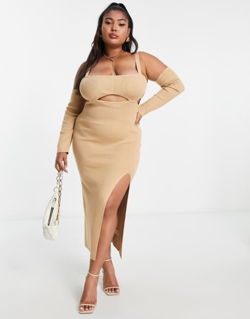 Simmi Plus cut out bust high thigh split midi dress with sleeve detail in  tan