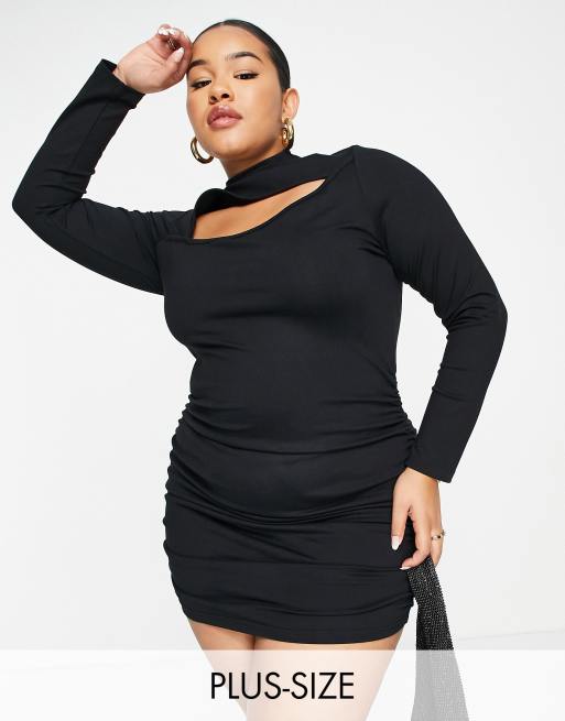 SIMMI Plus – Czarna sukienka mini bodycon z rozcięciem na dekolcie i marszczeniem