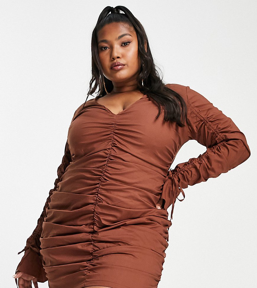 Simmi Plus long sleeve ruched cut out mini dress in chocolate-Brown