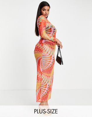 Simmi Plus long sleeve sheer maxi dress in abstract rainbow