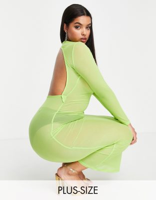 Simmi Plus long sleeve sheer maxi dress in lime - ASOS Price Checker