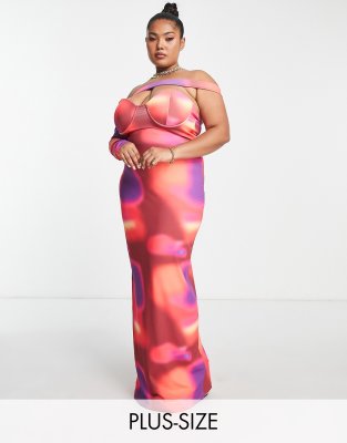 Simmi Plus one asymmetric sleeve maxi dress in pink abstract print  - ASOS Price Checker