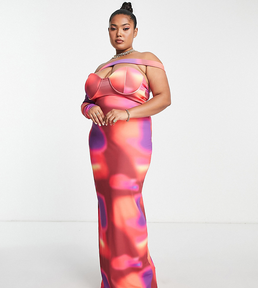 Simmi London Plus Simmi Plus One Asymmetric Sleeve Maxi Dress In Pink Abstract Print-multi