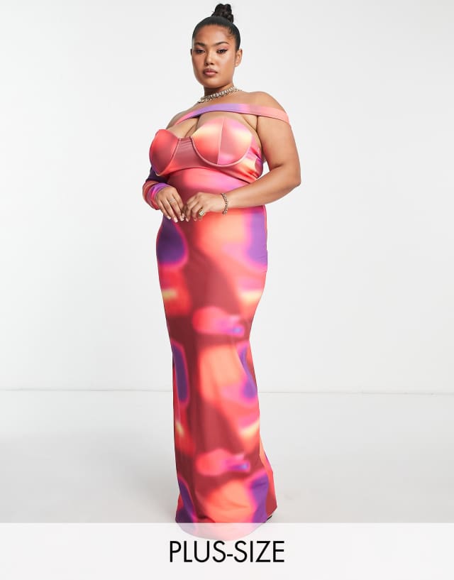 Simmi Plus one asymmetric sleeve maxi dress in pink abstract print