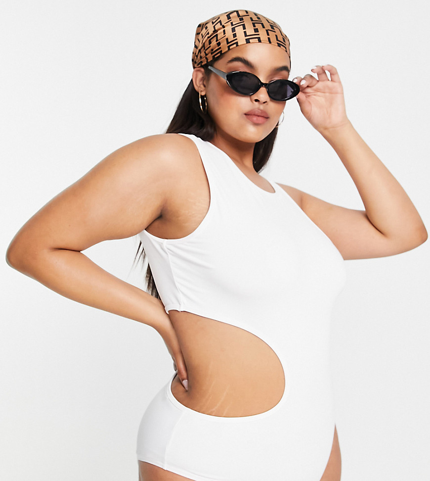 Simmi Plus one shoulder cut out swimsuit in white