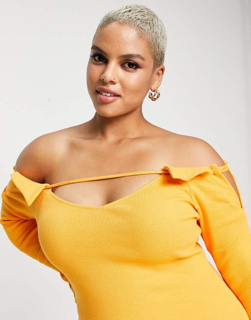 Simmi Plus - Robe mi-longue à épaules dénudées et manches longues - Orange, 3 de 4