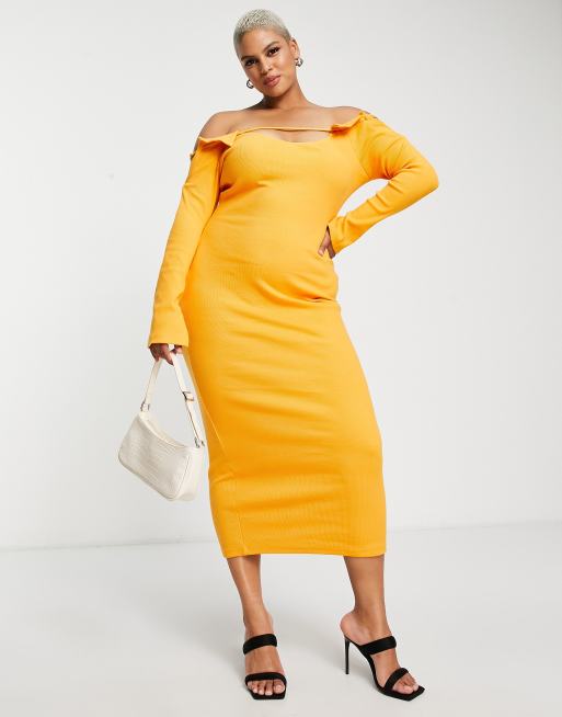 Simmi Plus - Robe mi-longue à épaules dénudées et manches longues - Orange, 4 de 4