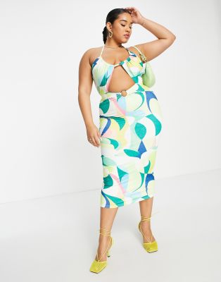 SIMMI Plus - Robe moulante mi-longue à imprimé tourbillon et découpe à la  taille - Vert multicolore | ASOS