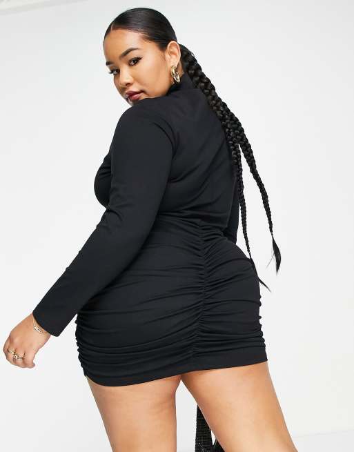 Simmi Plus slash neck ruched mini bodycon dress in black, 2 of 4