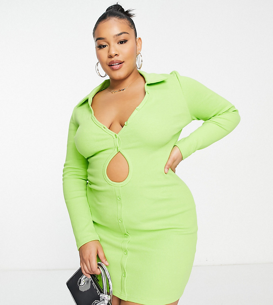 Simmi Plus strappy collar detail with keyhole detail mini dress in lime-Green