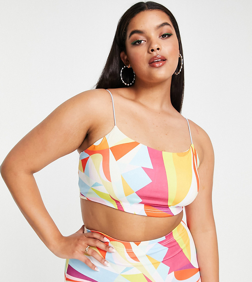 Plus-size top by SIMMI Part of a co-ord set Skirt sold separately Abstract print Scoop neck Fixed straps Cropped length Slim fit