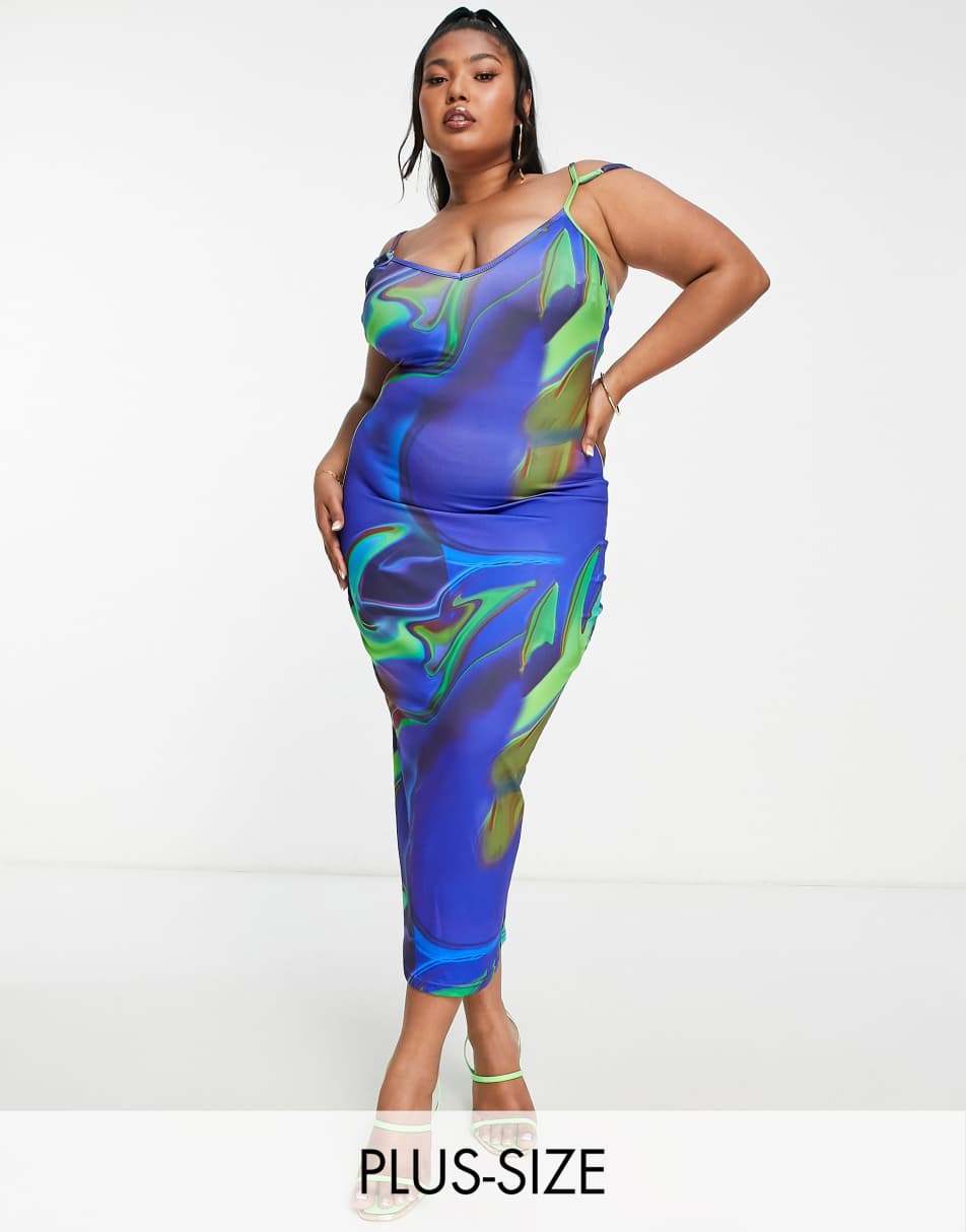 Simmi Plus strappy detail midi dress in blue abstract print