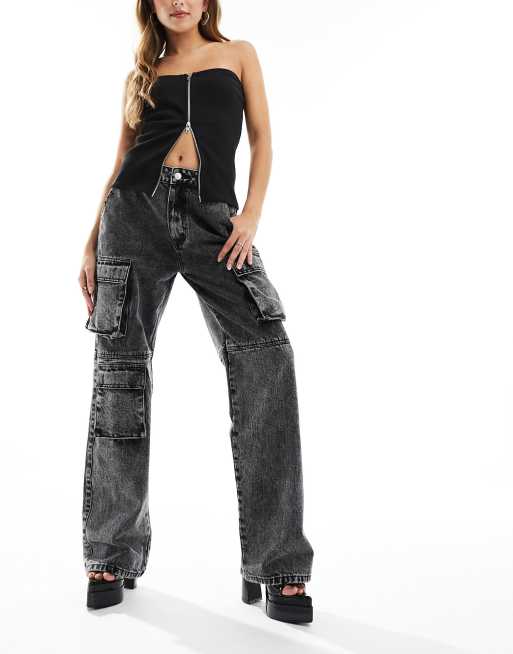 Washed Black Cargo Pocket Detail Wide Leg Jeans