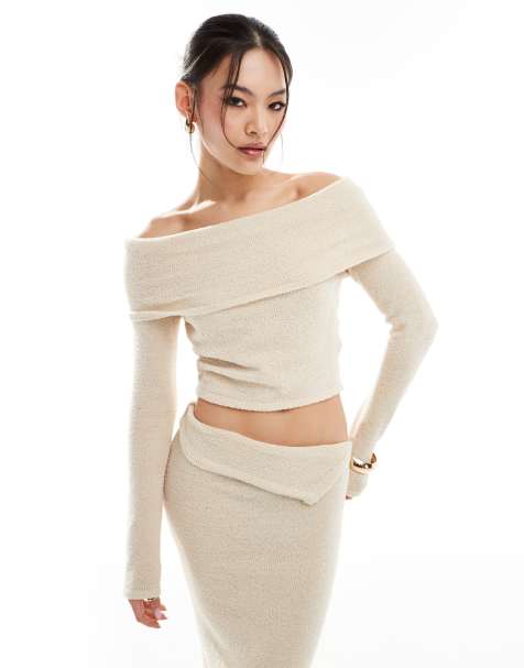 SIMMI - Pull d'ensemble en maille duveteuse à encolure bardot - Beige - view 1
