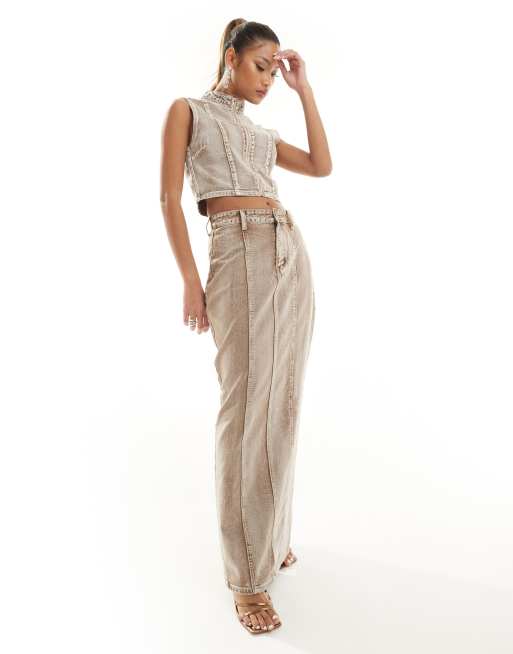 Simmi - Rechte denim maxi-rok in zandkleur met lichte wassing, deel van co-ord set