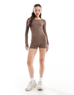 Simmi Clothing round neck long sleeve jersey unitard brown Sale