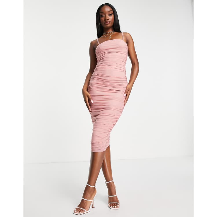 Bershka strappy mesh bodycon dress with ruching in pink