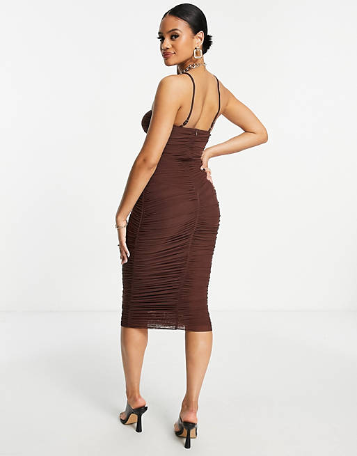 Dresses Simmi ruched strappy midi dress in chocolate 