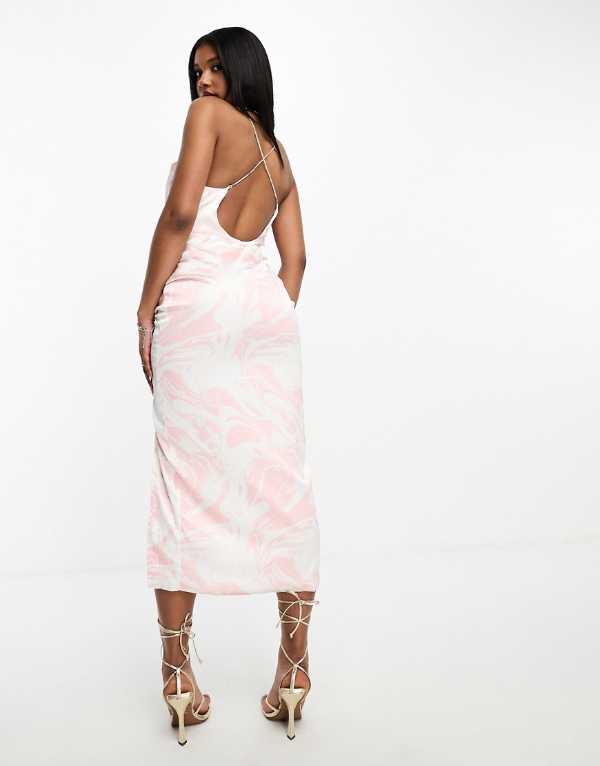 Simmi satin ruched front diamante detail midi dress in pink multi