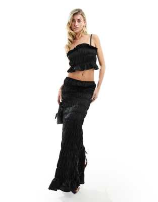 Simmi Clothing Simmi satin shirred maxi skirt co-ord in black