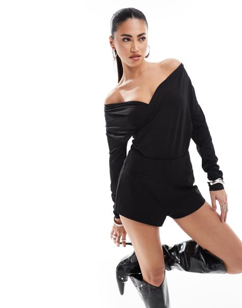 Simmi – Schulterfreier, figurbetonter Body in Schwarz mit gewickelter Vorderseite - view 1