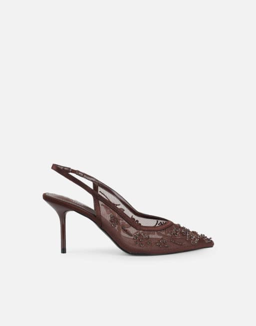 SIMMI Shoes Alizia embellished slingback courts in brown mesh, 3 of 5