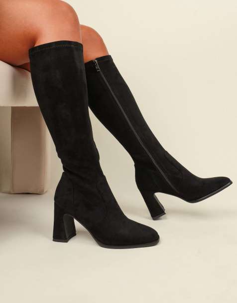 SIMMI Shoes Beatrix knee high block heeled boots in black suedette - view 1