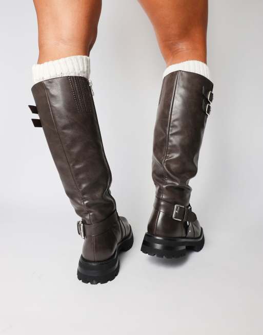 SIMMI Shoes Benton knee high chunky biker boots in brown, 3 of 4
