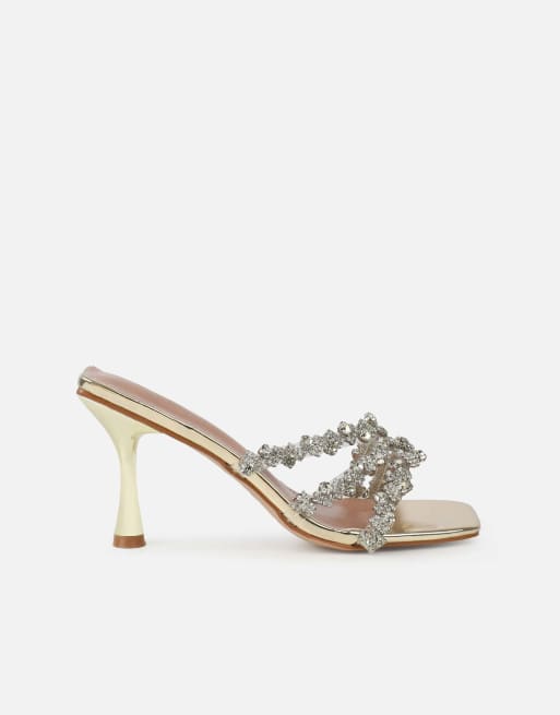 SIMMI Shoes Blushing diamante mid heel mules wide fit in gold mirror, 2 of 4
