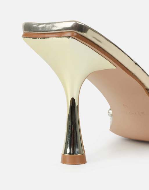 SIMMI Shoes Blushing diamante mid heel mules wide fit in gold mirror, 3 of 4
