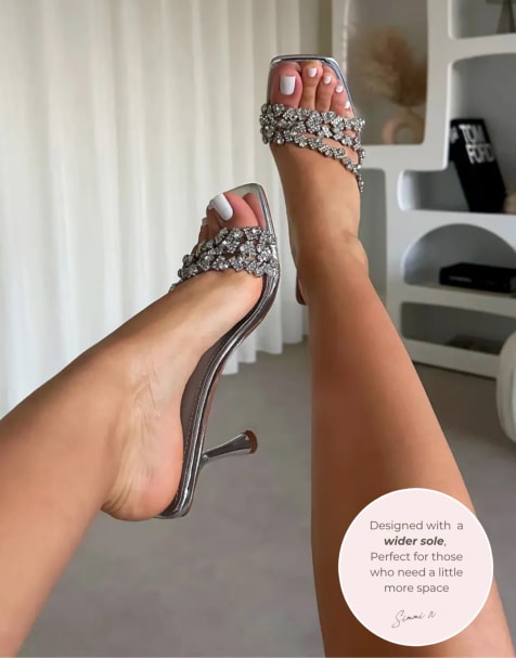SIMMI Shoes Blushing diamante mid heel mules wide fit in silver mirror - view 1
