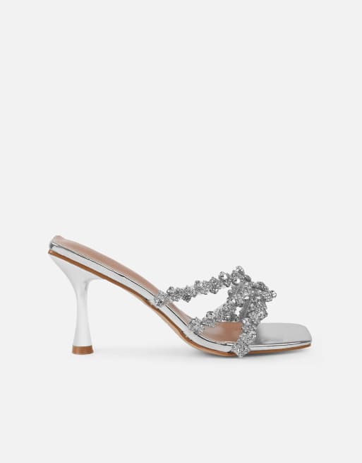 SIMMI Shoes Blushing diamante mid heel mules wide fit in silver mirror, 2 of 4