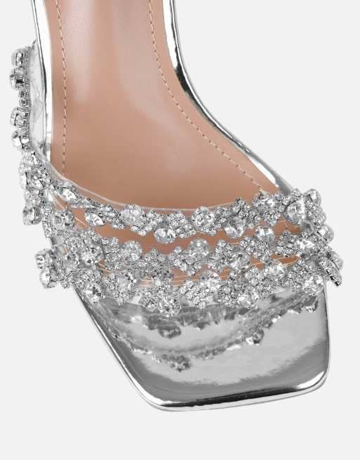 SIMMI Shoes Blushing diamante mid heel mules wide fit in silver mirror, 4 of 4