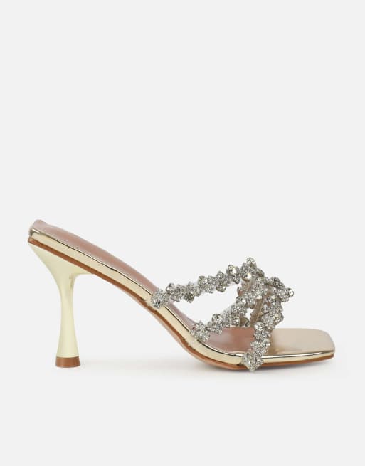 SIMMI Shoes Blushing mirror diamante mid heel mules in gold, 2 of 4