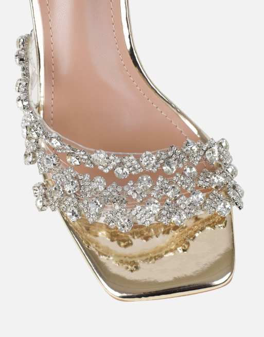 SIMMI Shoes Blushing mirror diamante mid heel mules in gold, 3 of 4