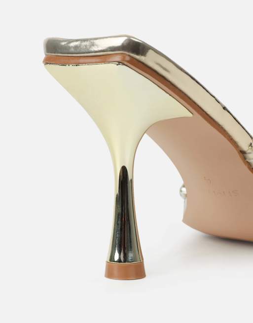 SIMMI Shoes Blushing mirror diamante mid heel mules in gold, 4 of 4