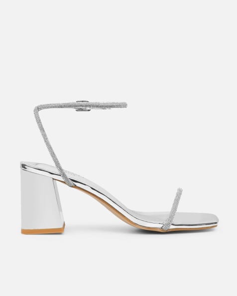 SIMMI Shoes Ciel mirror diamante low block heeled sandals in silver - view 1