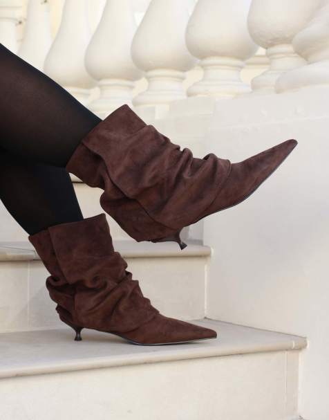 SIMMI Shoes Dixee ruched foldover pixie boots in brown suedette - view 1