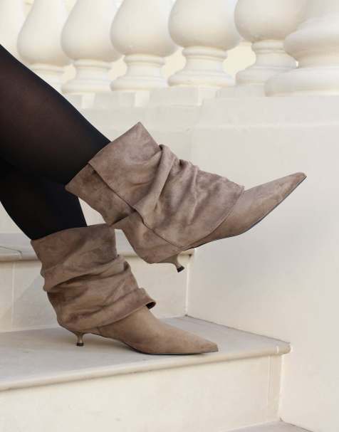 SIMMI Shoes Dixee ruched foldover pixie boots in taupe suedette - view 1